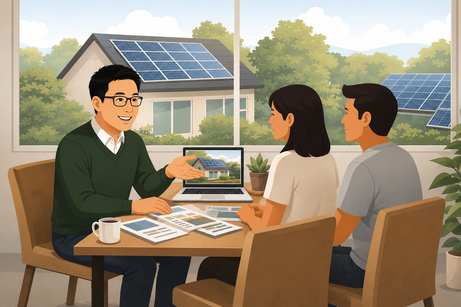 Solar consultant discussing a residential solar plan with homeowners